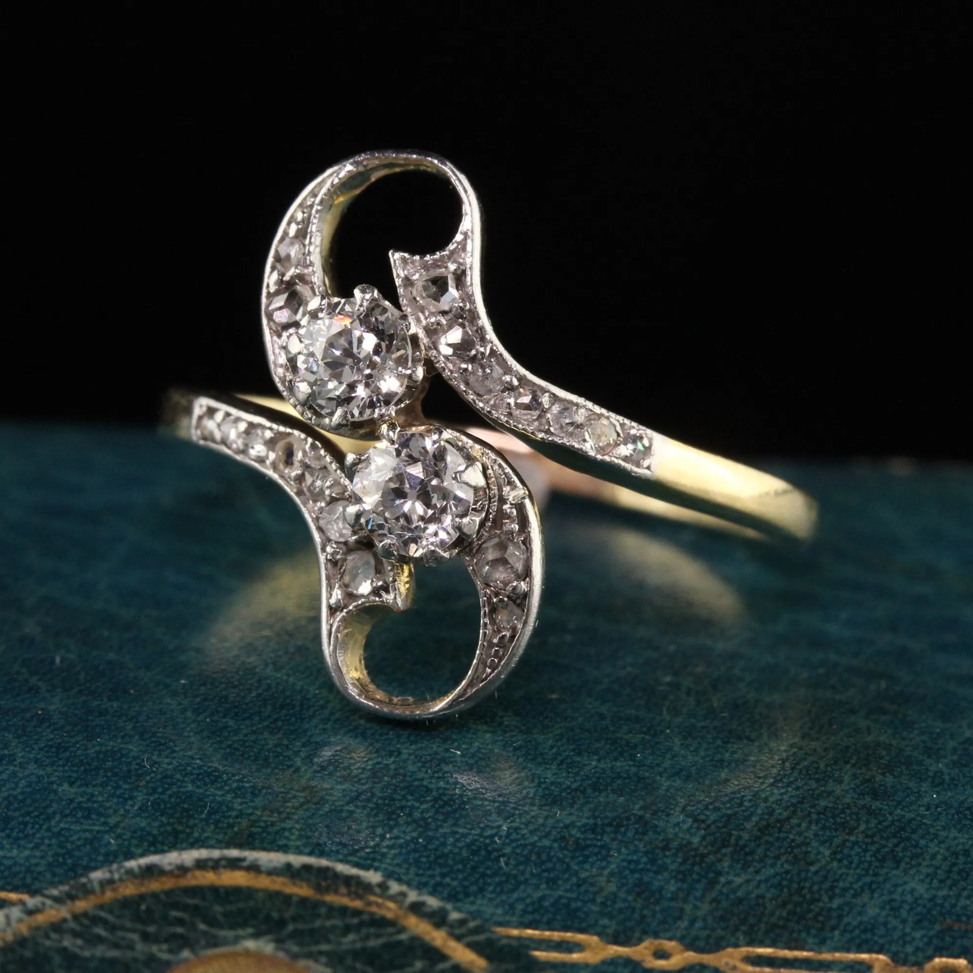 Antique Edwardian 18K Yellow Gold Old Mine Rose Cut Diamond Toi et Moi Ring