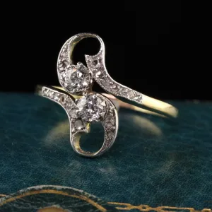 Antique Edwardian 18K Yellow Gold Old Mine Rose Cut Diamond Toi et Moi Ring