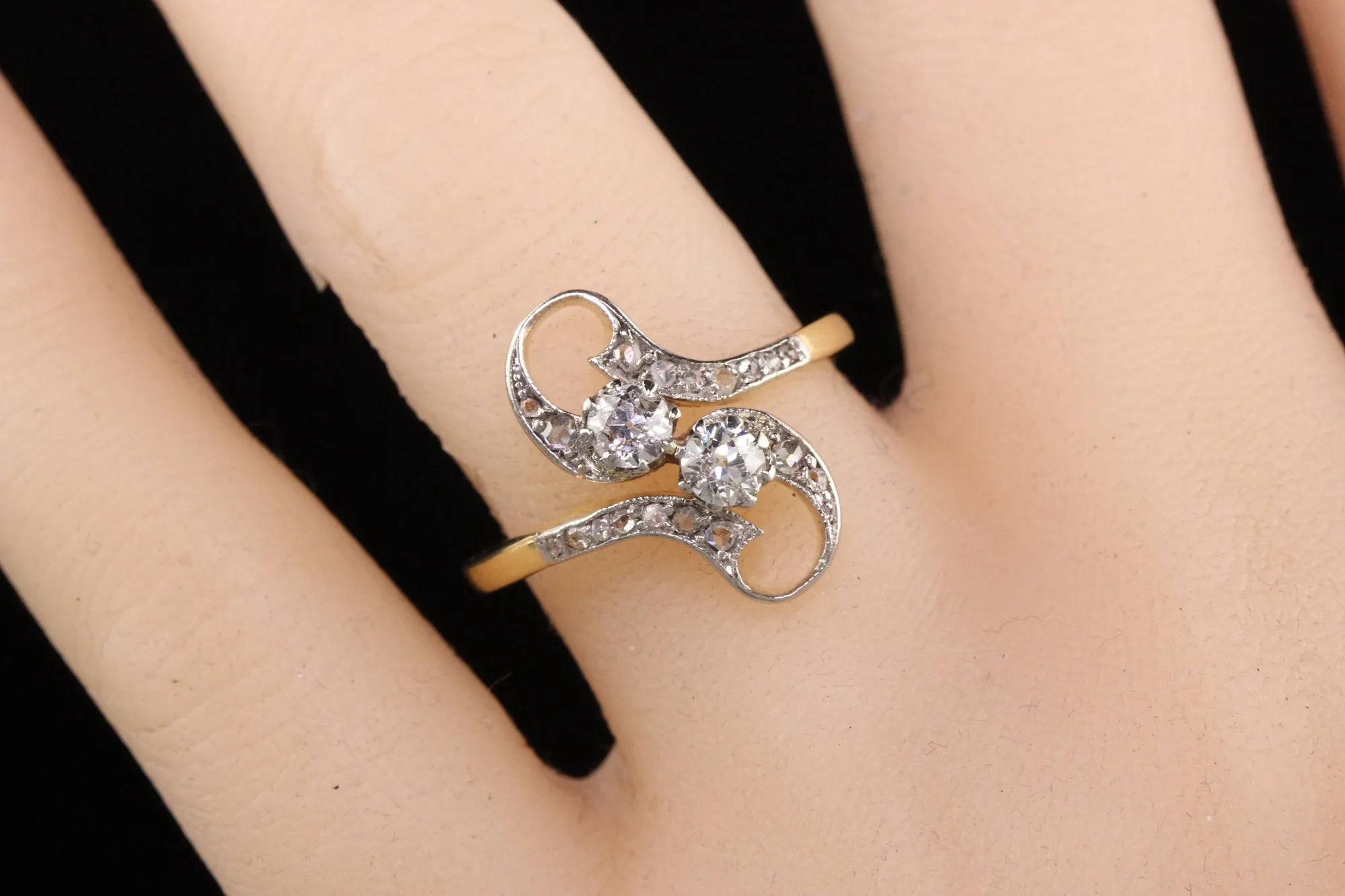 Antique Edwardian 18K Yellow Gold Old Mine Rose Cut Diamond Toi et Moi Ring