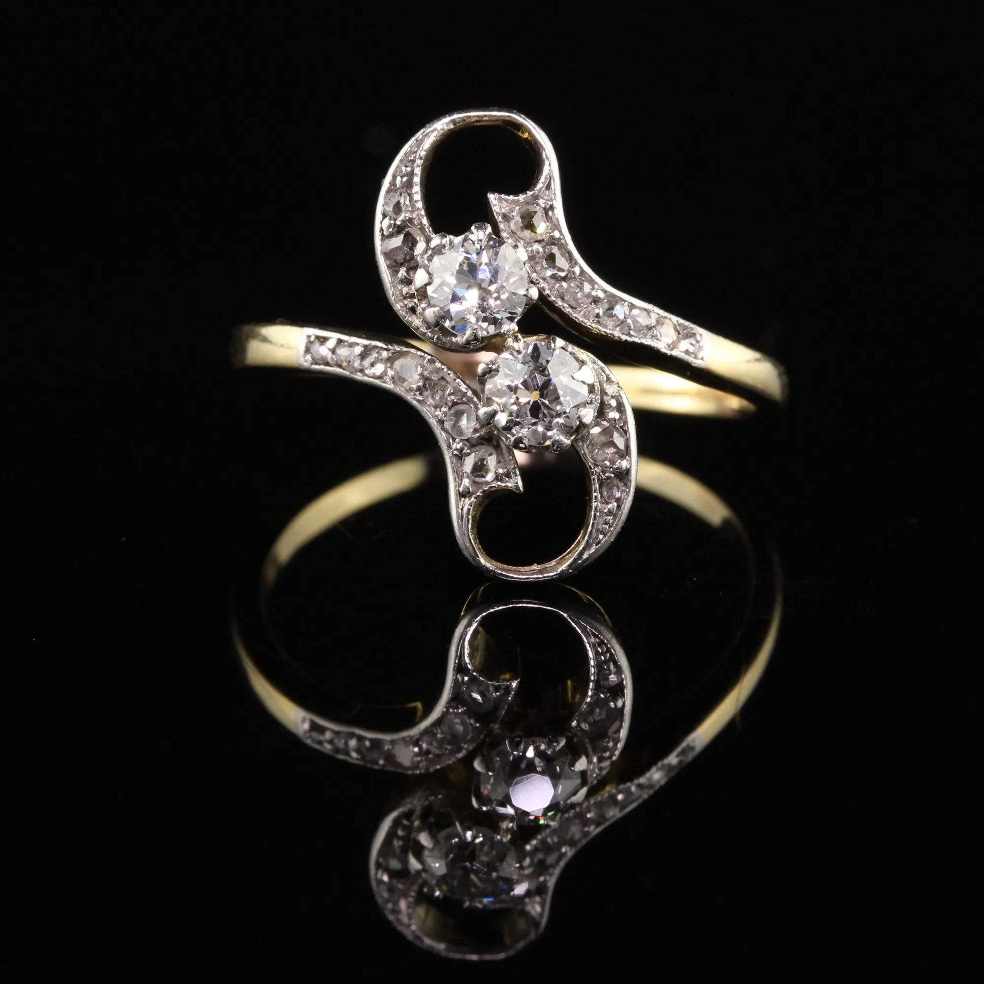 Antique Edwardian 18K Yellow Gold Old Mine Rose Cut Diamond Toi et Moi Ring