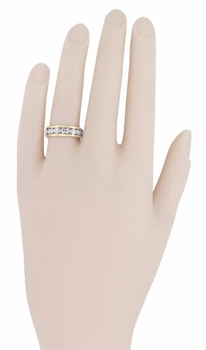 Antique Edwardian Diamond Wedding Band in Platinum and 14K Yellow Gold - Size 8