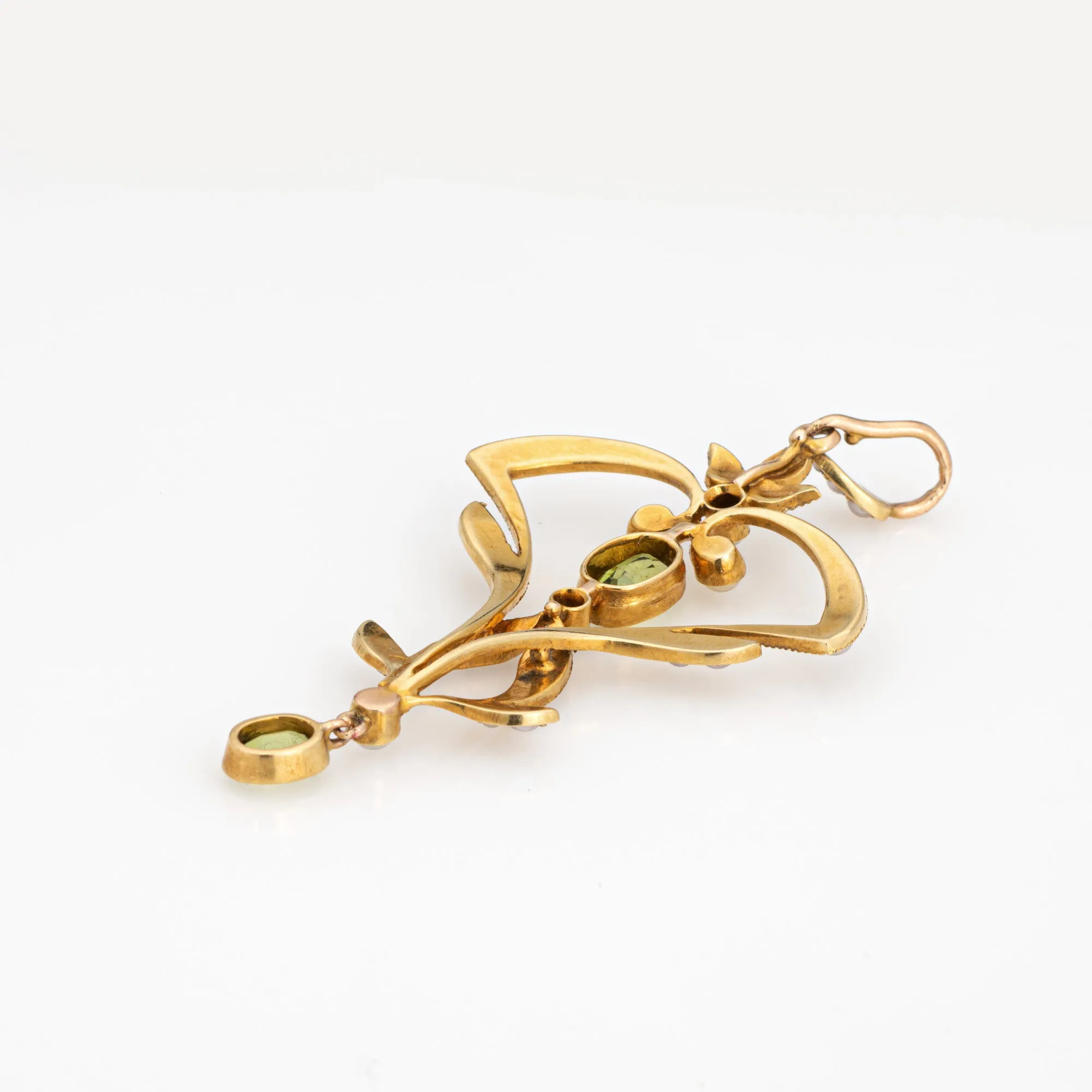 Antique Edwardian Lavalier Pendant Peridot Seed Pearls Vintage 18k Yellow Gold