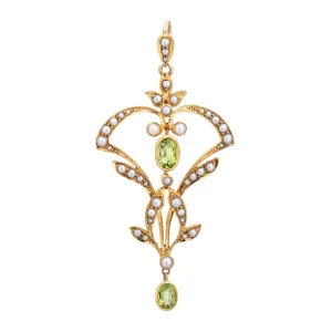 Antique Edwardian Lavalier Pendant Peridot Seed Pearls Vintage 18k Yellow Gold