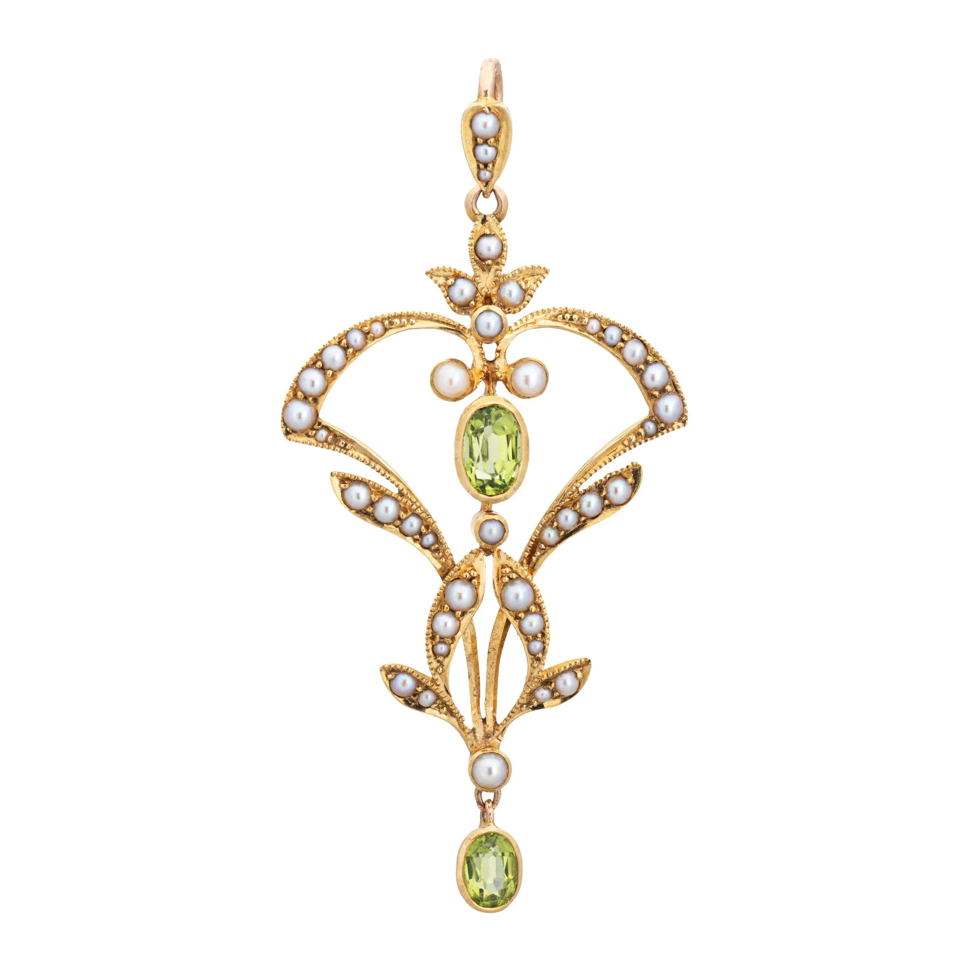 Antique Edwardian Lavalier Pendant Peridot Seed Pearls Vintage 18k Yellow Gold
