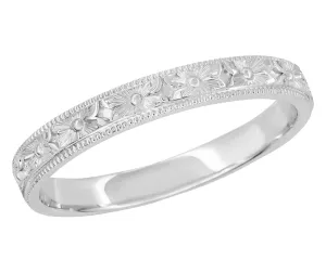Antique Edwardian Pansy Flowers Sculptural Platinum Wedding Band - 3mm