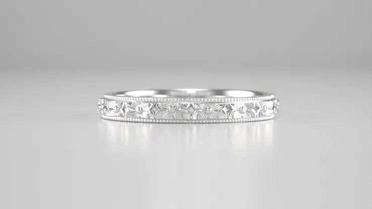 Antique Edwardian Pansy Flowers Sculptural Platinum Wedding Band - 3mm
