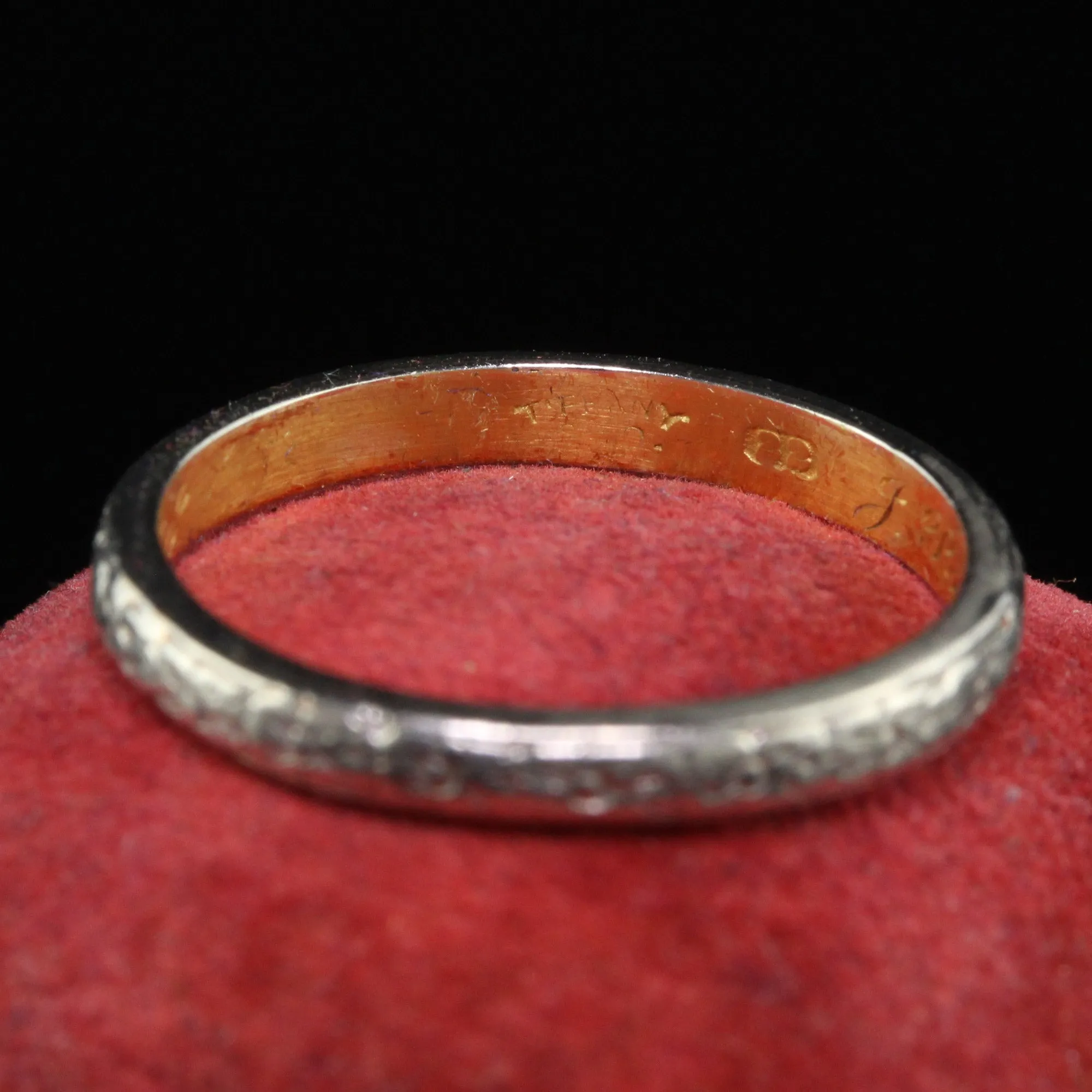 Antique Edwardian Platinum 18K Gold Tiffany and Co Engraved Wedding Band