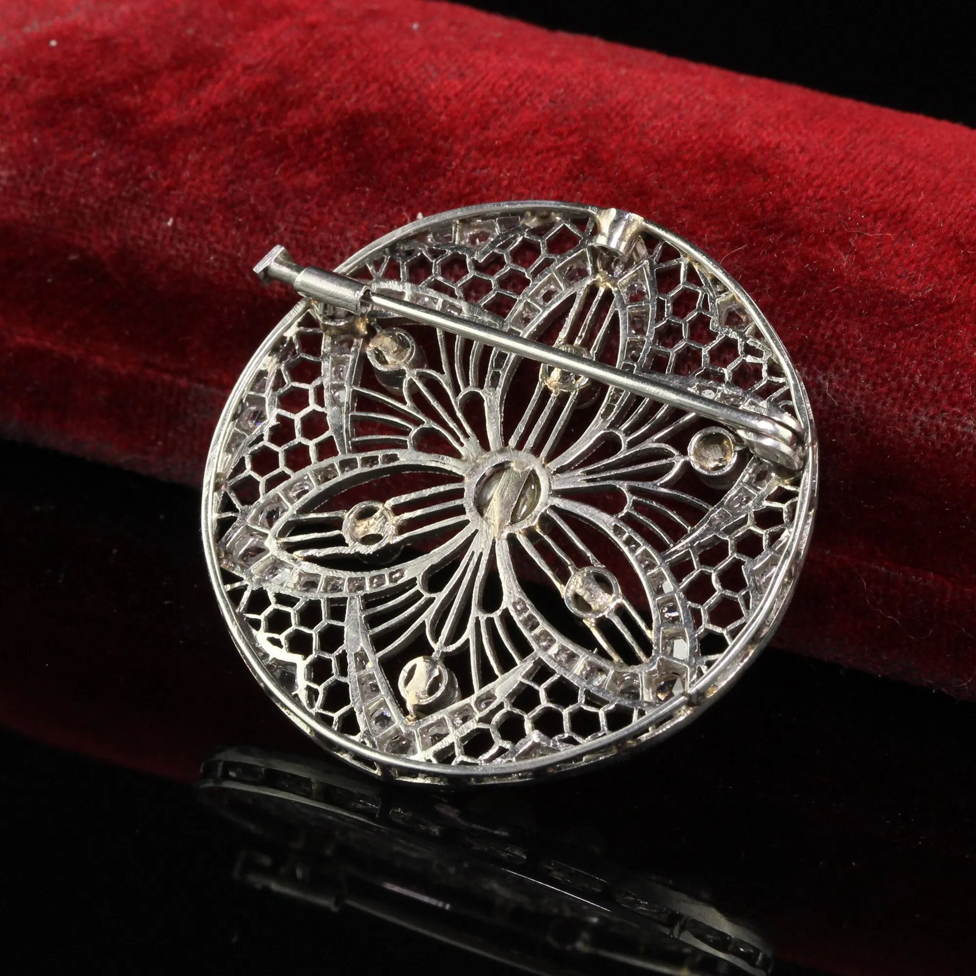 Antique Edwardian Platinum Diamond and Pearl Filigree Pin