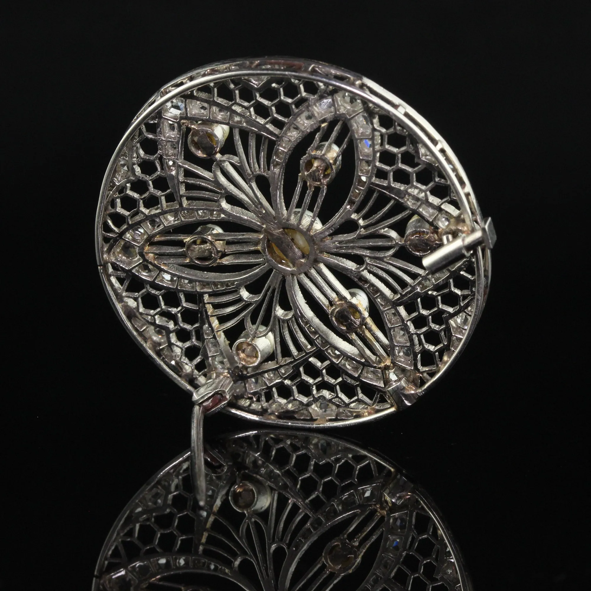 Antique Edwardian Platinum Diamond and Pearl Filigree Pin