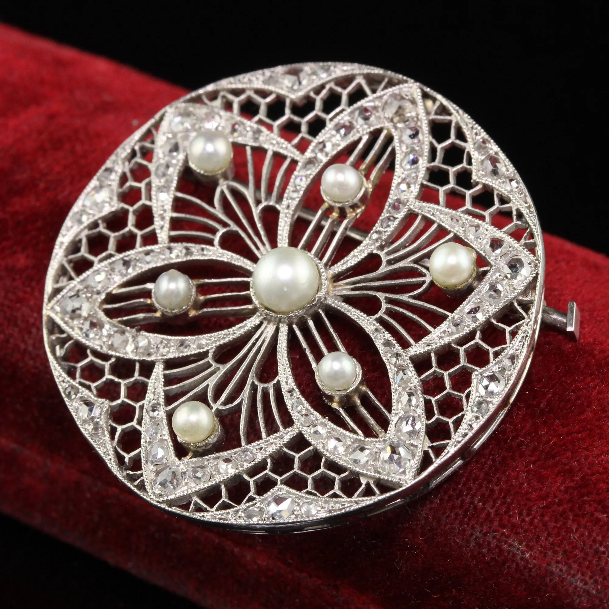 Antique Edwardian Platinum Diamond and Pearl Filigree Pin