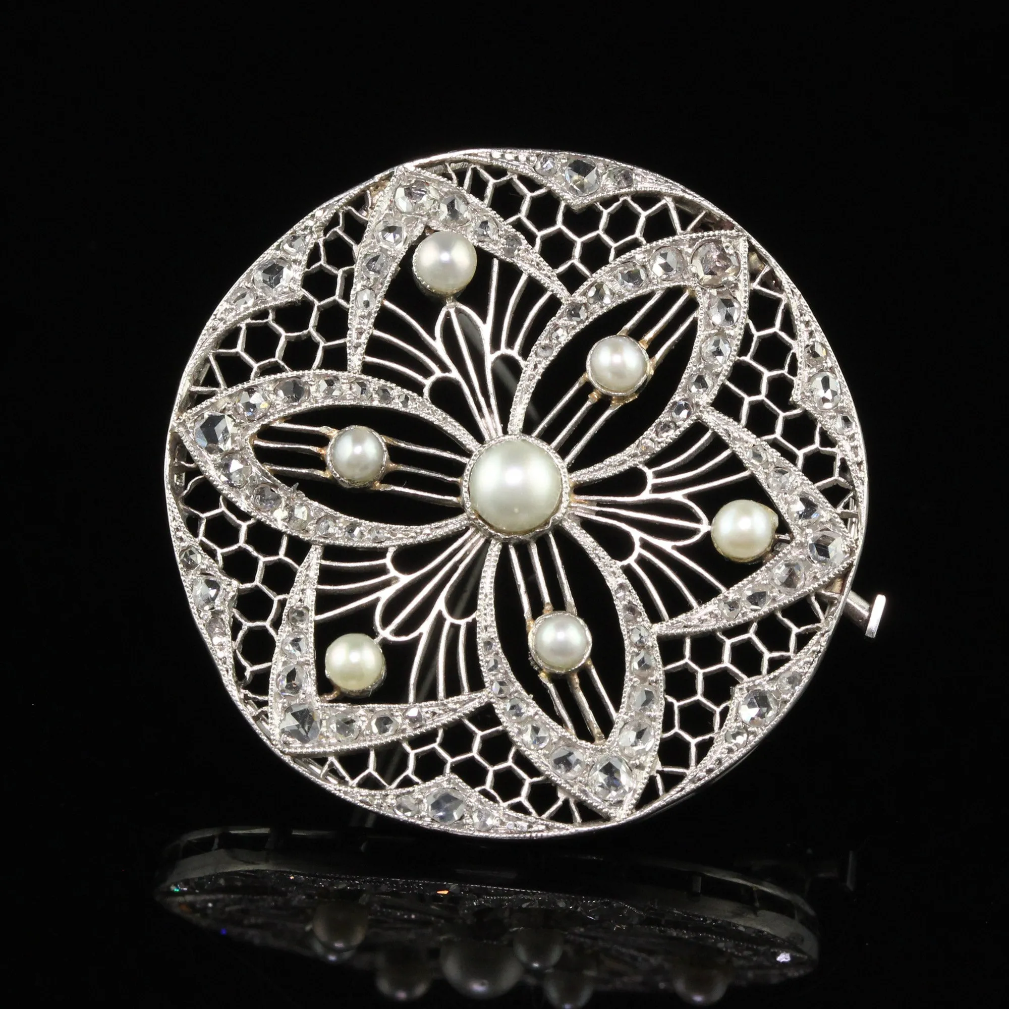 Antique Edwardian Platinum Diamond and Pearl Filigree Pin
