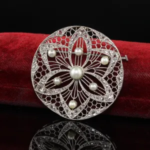 Antique Edwardian Platinum Diamond and Pearl Filigree Pin