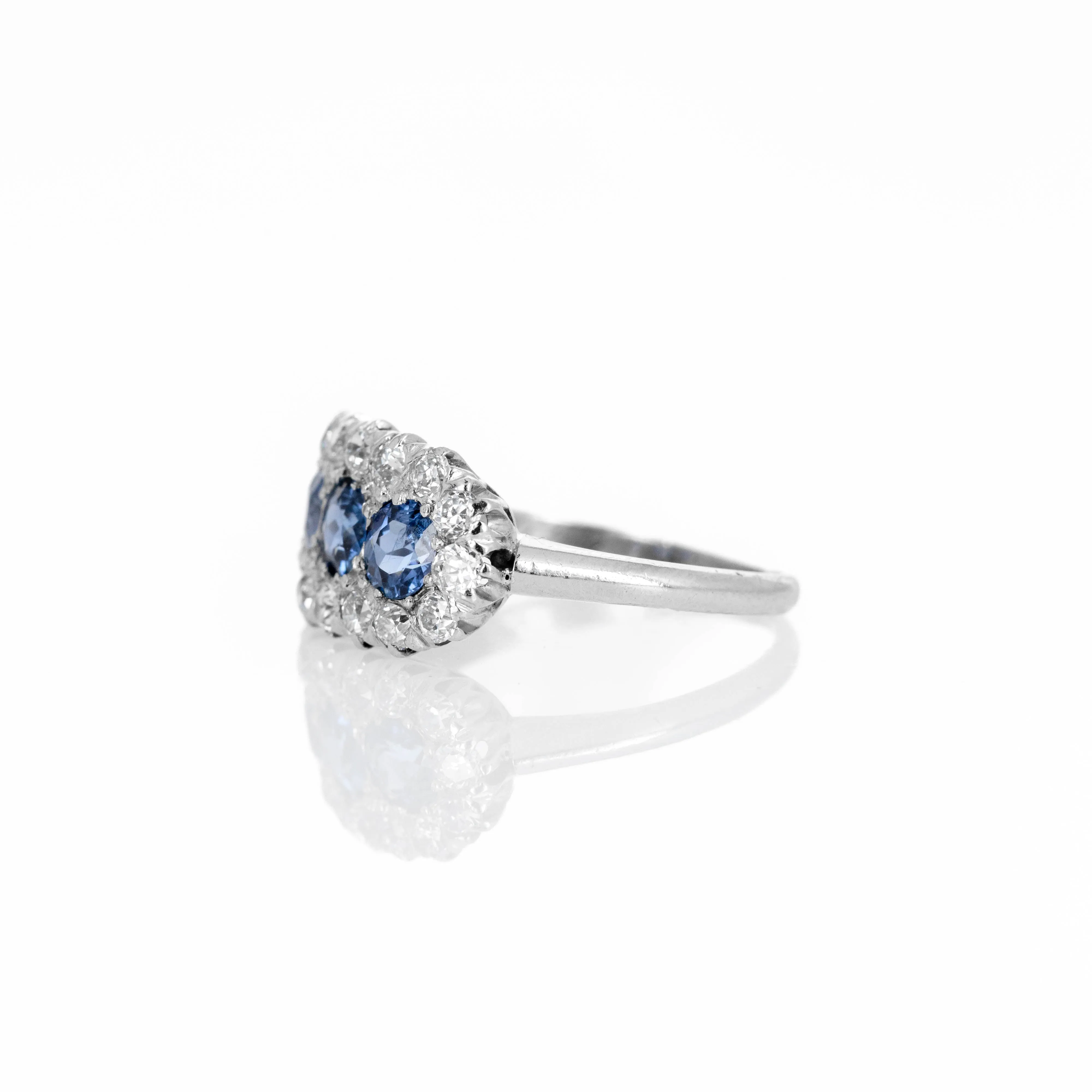 Antique Edwardian Platinum Sapphire Three Stone Diamond Ring Dated 1915
