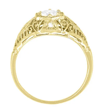 Antique Style White Sapphire Scroll Dome Filigree Edwardian Engagement Ring in 14 Karat Yellow Gold