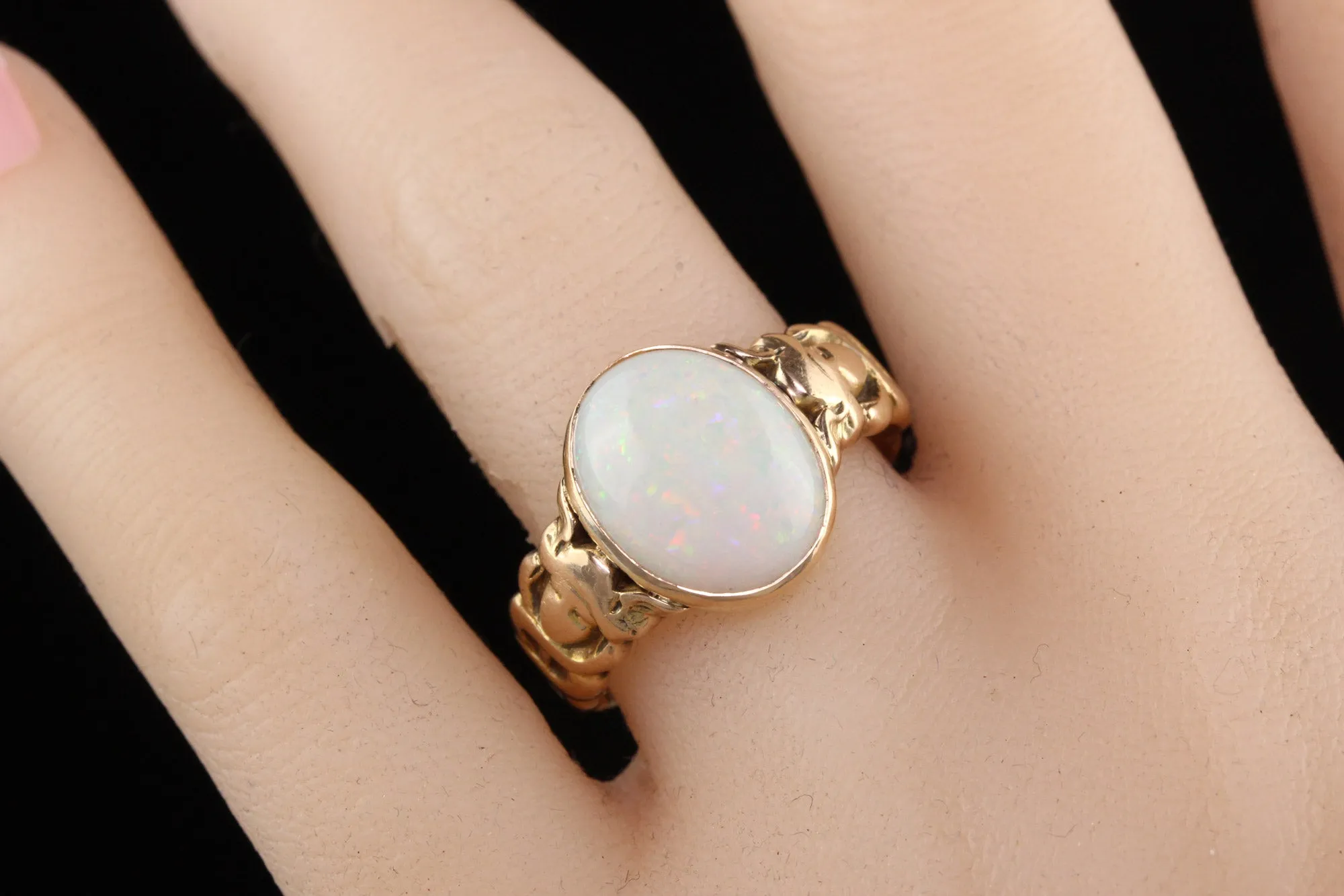 Antique Victorian 15K Yellow Gold Opal Asclepios Carved Ring