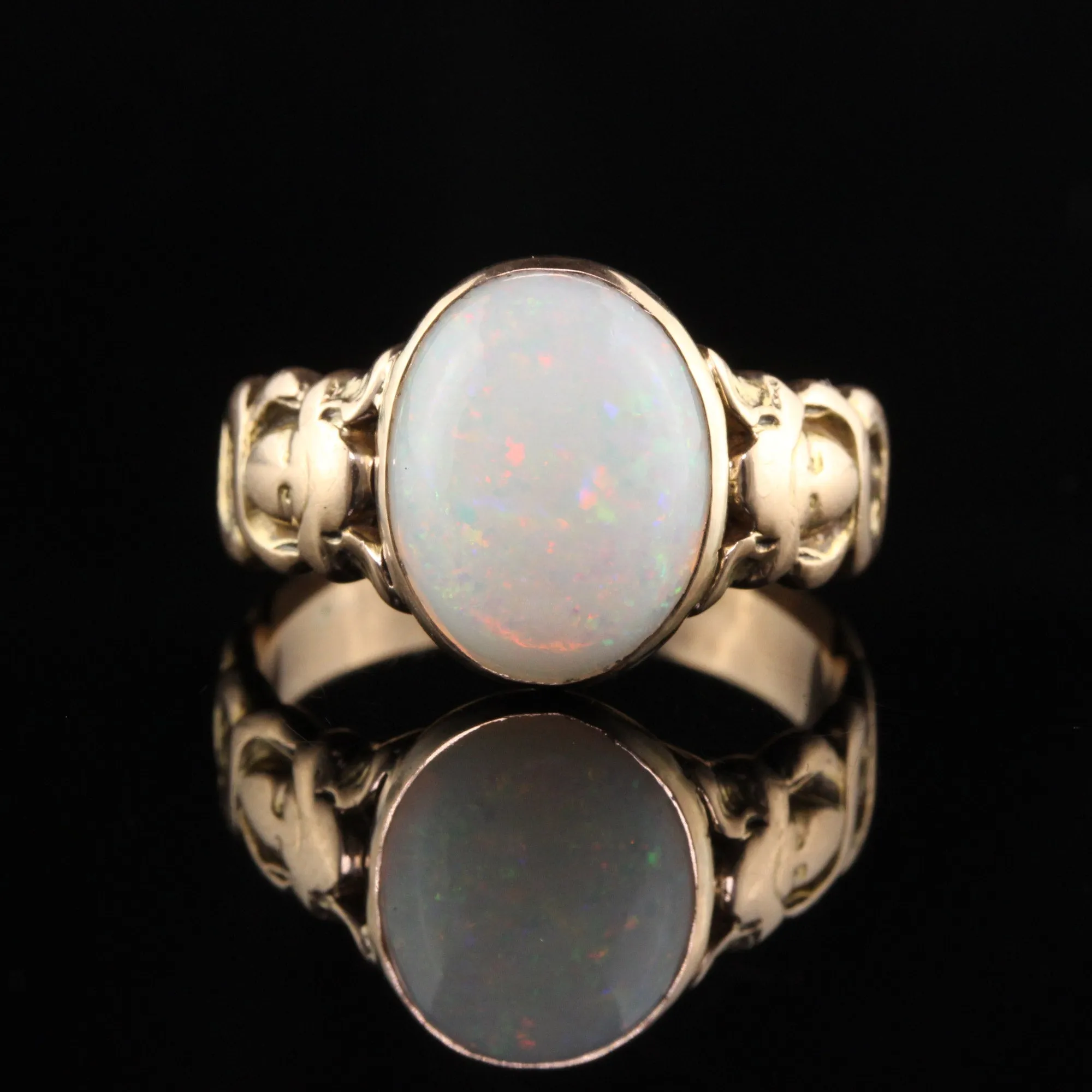Antique Victorian 15K Yellow Gold Opal Asclepios Carved Ring