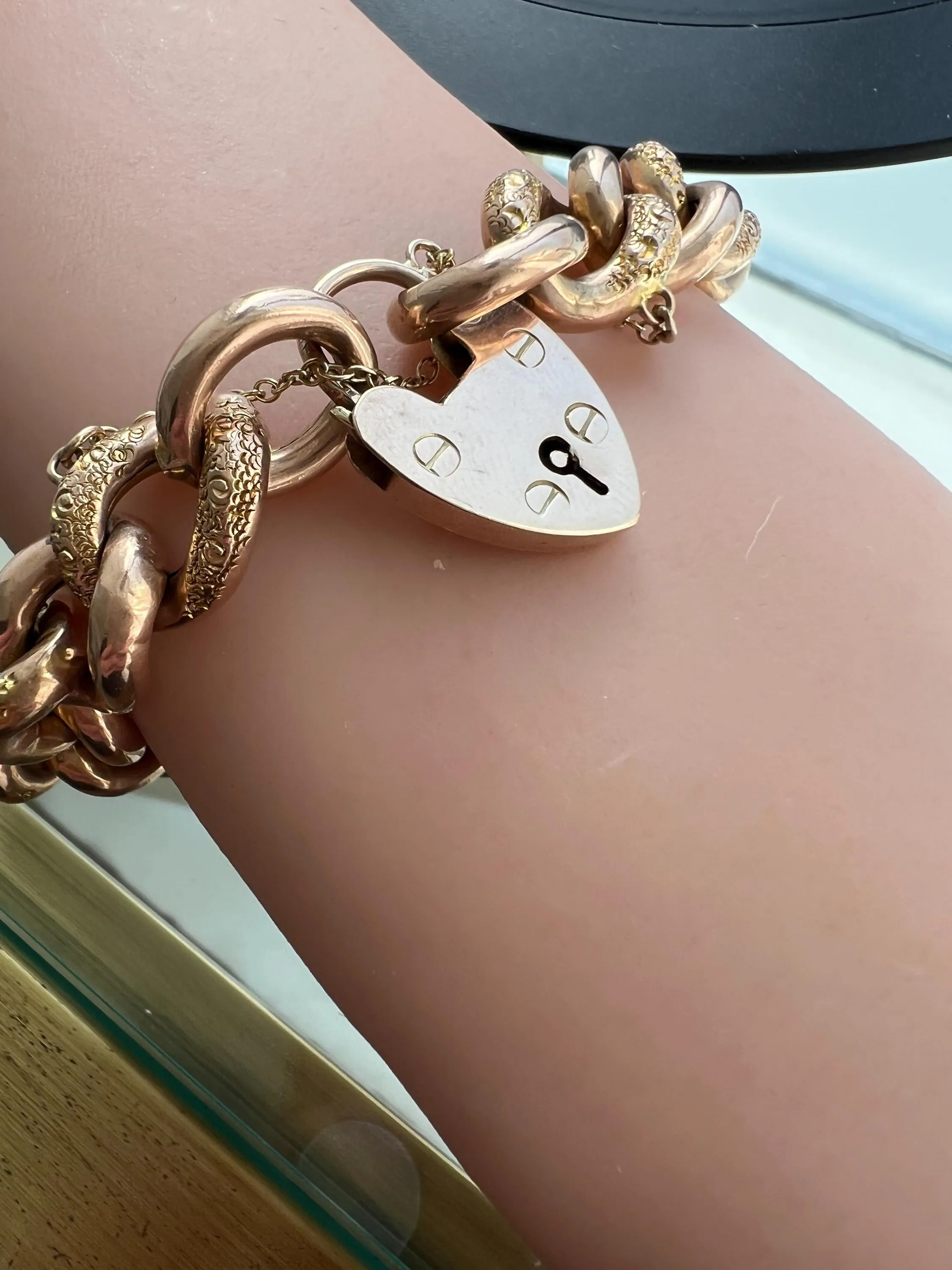 Antique Victorian 9K Rose Gold Bracelet Heart Padlock Bracelet.