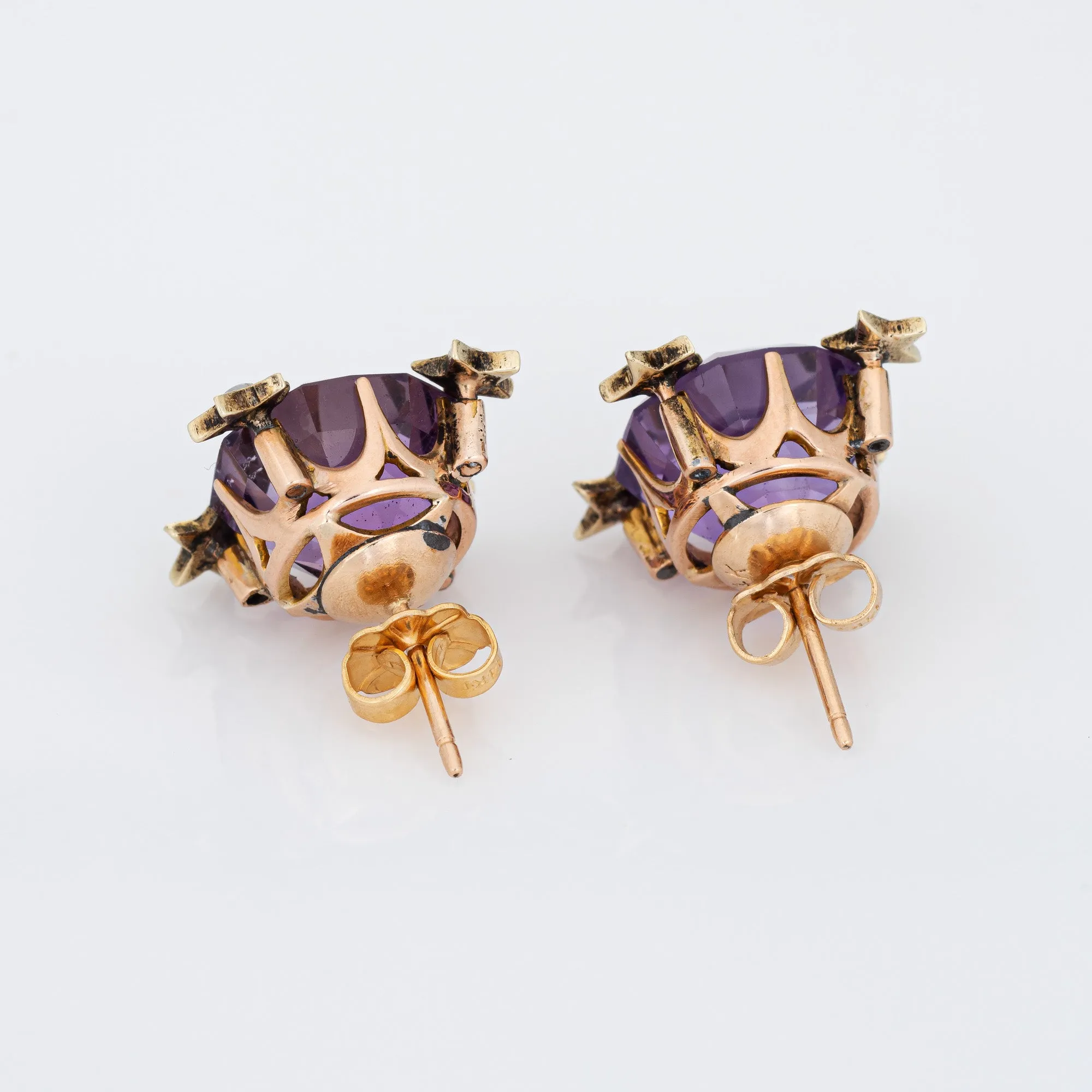 Antique Victorian Amethyst Star Earrings Studs 14k Yellow Gold Vintage Jewelry