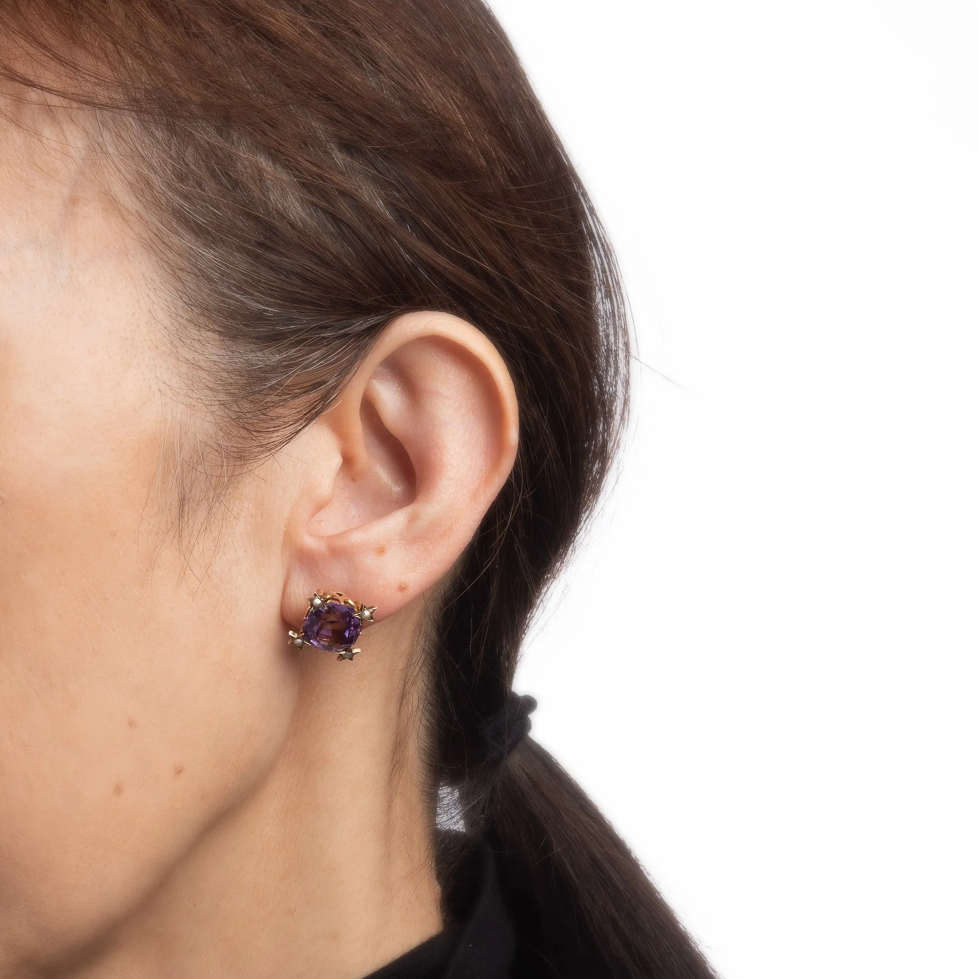 Antique Victorian Amethyst Star Earrings Studs 14k Yellow Gold Vintage Jewelry