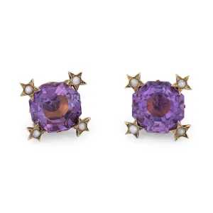 Antique Victorian Amethyst Star Earrings Studs 14k Yellow Gold Vintage Jewelry