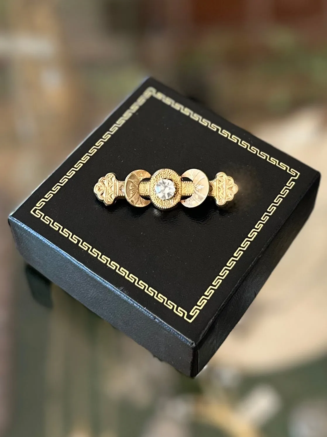 Antique Victorian Gold Filled Etched & Textured Paste Rhinestone Crescent Moon Bar Pin Brooch