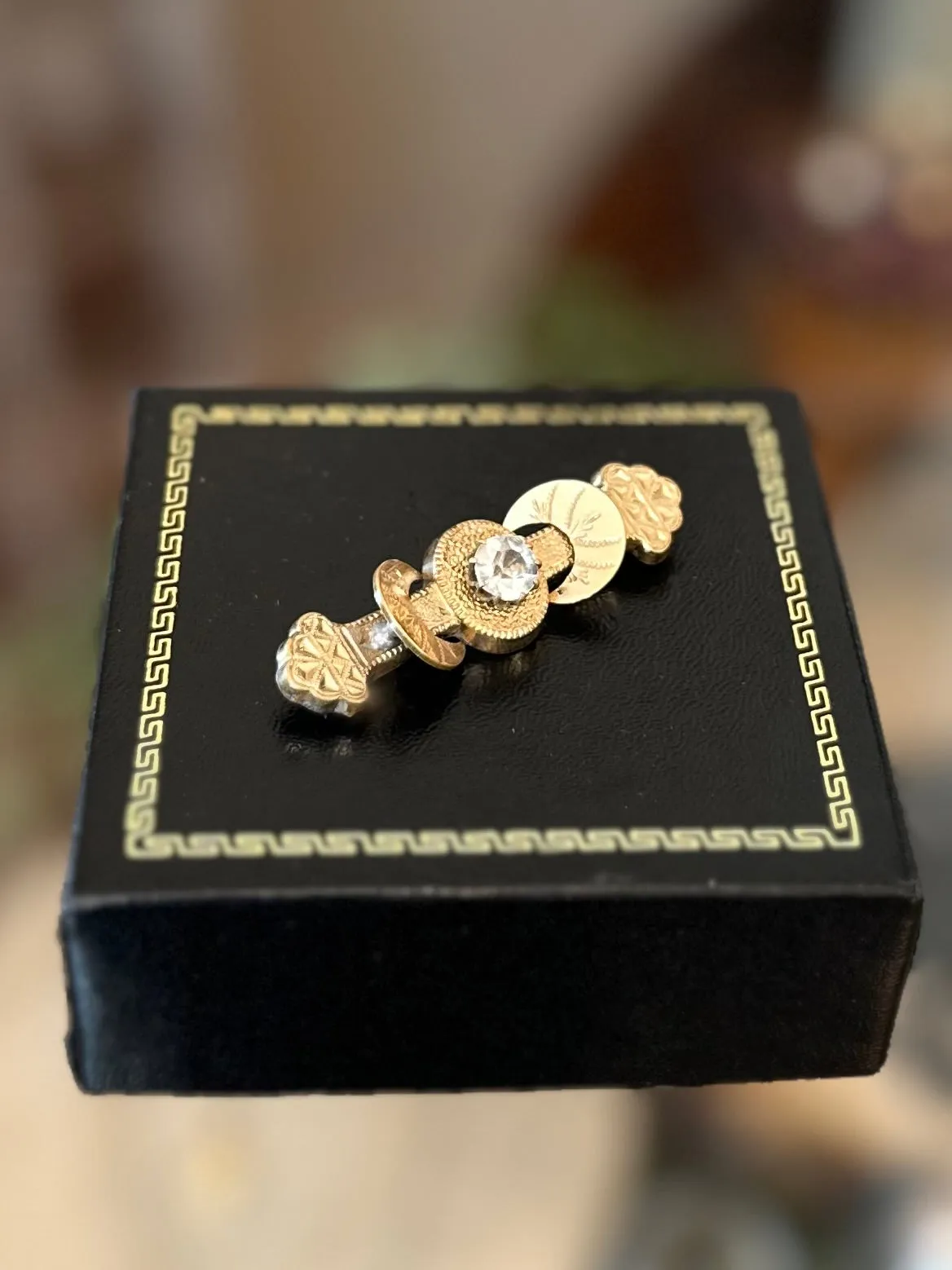 Antique Victorian Gold Filled Etched & Textured Paste Rhinestone Crescent Moon Bar Pin Brooch