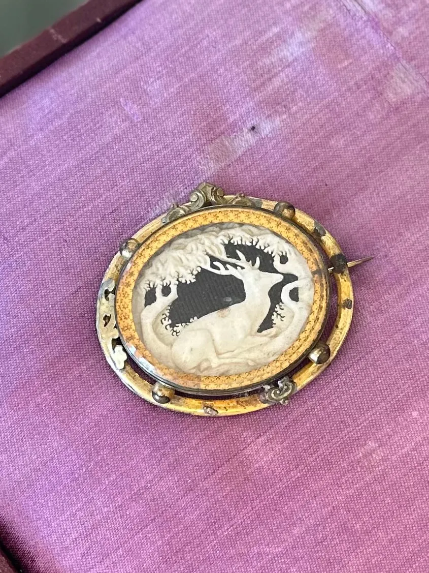 ANTIQUE Victorian Hand Carved Bone Stag Deer Tree Pictorial Landscape Gold Tone Gilt Metal Pinchbeck Brooch C-Clasp