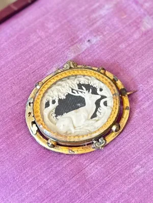 ANTIQUE Victorian Hand Carved Bone Stag Deer Tree Pictorial Landscape Gold Tone Gilt Metal Pinchbeck Brooch C-Clasp