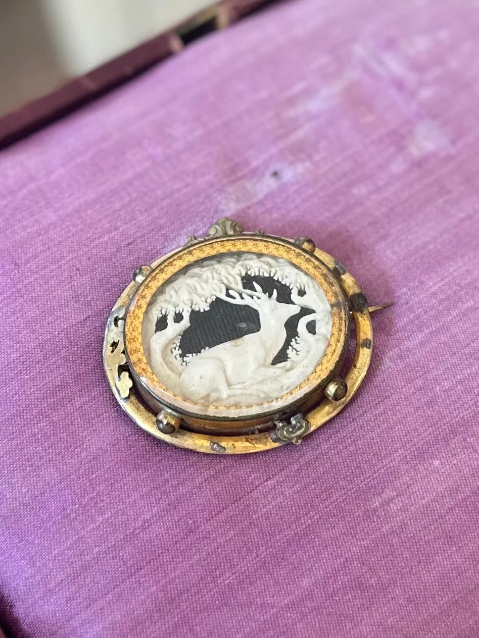 ANTIQUE Victorian Hand Carved Bone Stag Deer Tree Pictorial Landscape Gold Tone Gilt Metal Pinchbeck Brooch C-Clasp