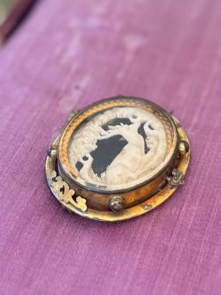 ANTIQUE Victorian Hand Carved Bone Stag Deer Tree Pictorial Landscape Gold Tone Gilt Metal Pinchbeck Brooch C-Clasp