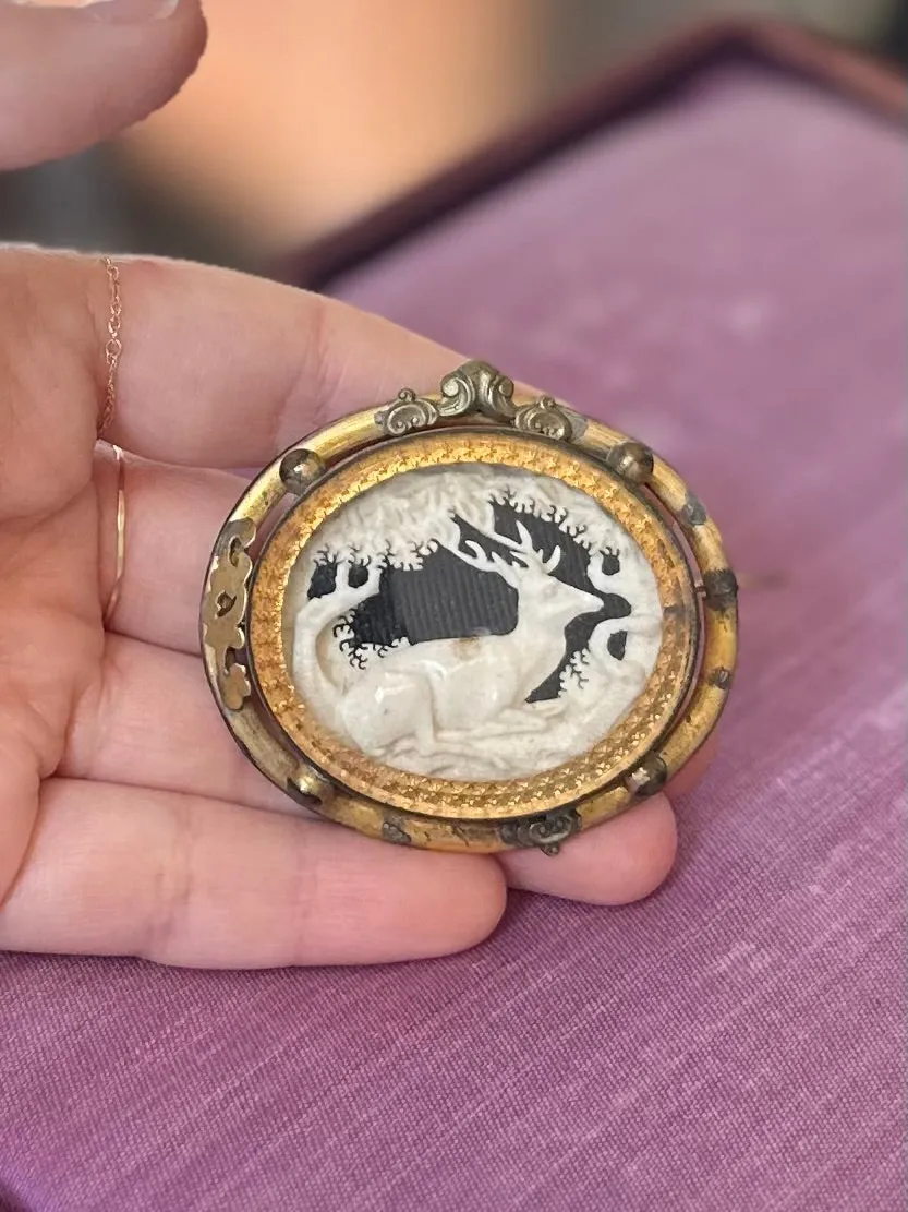 ANTIQUE Victorian Hand Carved Bone Stag Deer Tree Pictorial Landscape Gold Tone Gilt Metal Pinchbeck Brooch C-Clasp