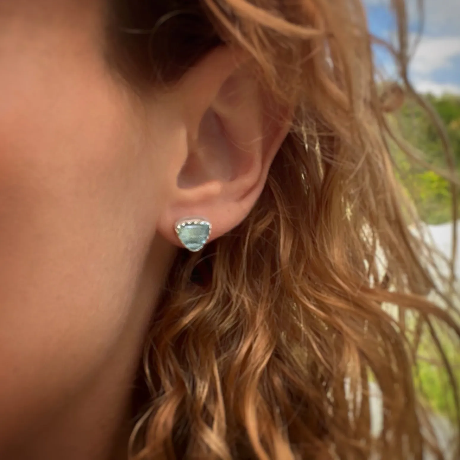 Apatite triangle studs in silver