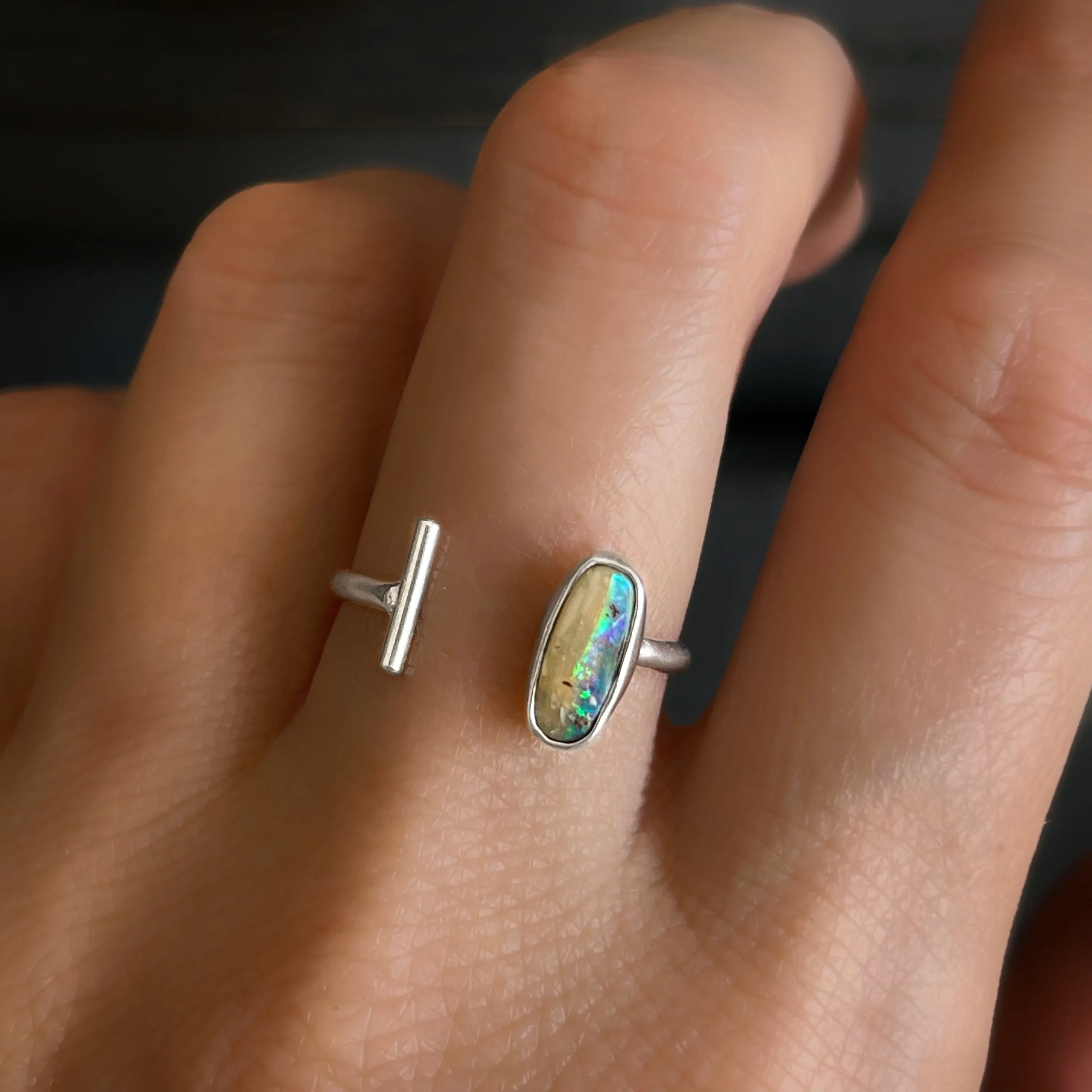 Australian crystal pipe opal ring in silver (sizes 6 to 7)