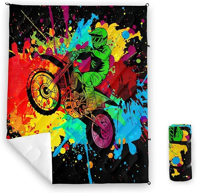 Axolotl Dirt Bike Camping Blanket,Motor Vehicles Biker Puffy Printed Blanket,Motocross Racer Packable Outdoor Blanket,Colorful Ink and Oil Paintlightweight Backpacking for Camping,Picnic,Hiking,Beach