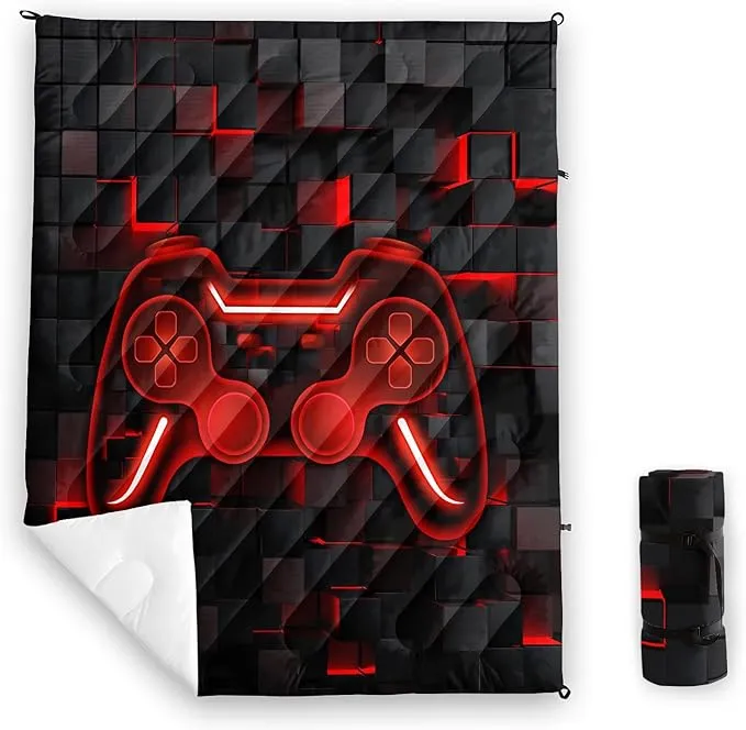 Axolotl Gamepad Warm Puffy Camping Blanket,Lightweight Geometry Hexagonal Printed Packable Outdoor Blanket,Boys Game Console Outdoor Camping Blanket Backpacking for Traveling Picnic Beach Cold Weather