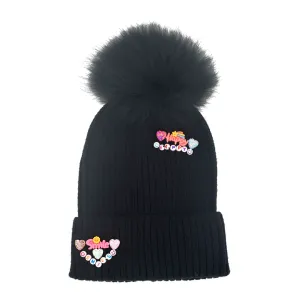 Bari Lynn Fun Charm Words Hat with Fur Pom - Black
