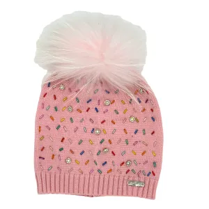 Bari Lynn Sprinkle & Jeweled Hat with Fur Pom - Pink