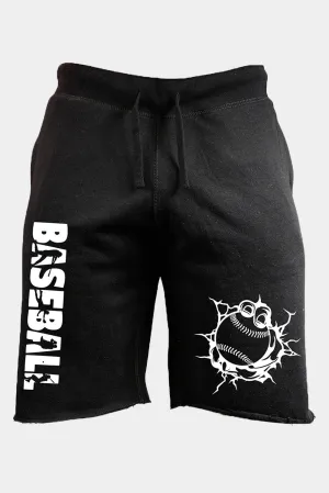 Black Baseball Graphic Print Drawstring Men's Casual Shorts