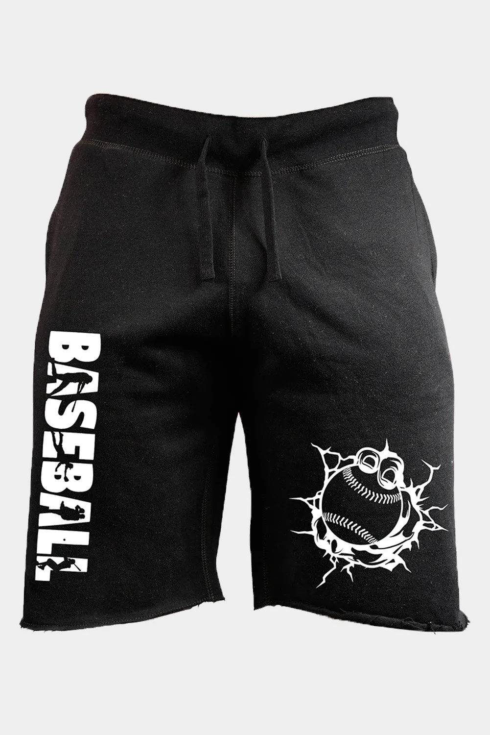 Black Baseball Graphic Print Drawstring Men's Casual Shorts