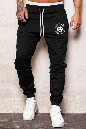 Black Halloween Letter Pumpkin Print Elastic Waist Men's Pants