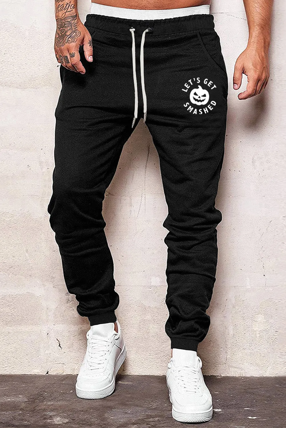 Black Halloween Letter Pumpkin Print Elastic Waist Men's Pants