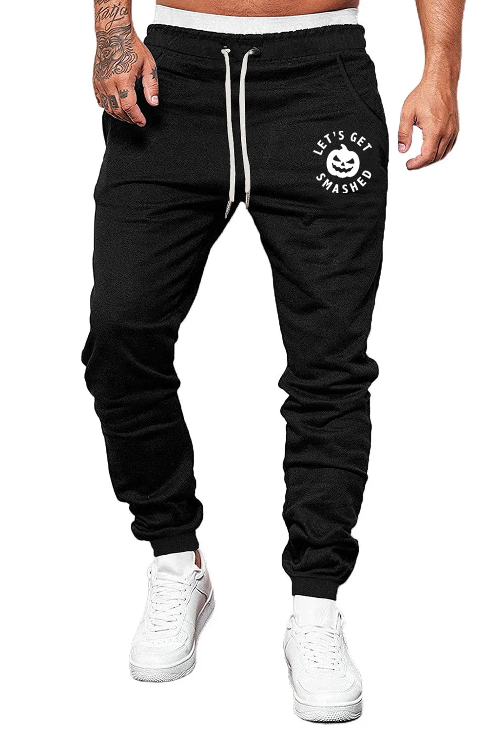 Black Halloween Letter Pumpkin Print Elastic Waist Men's Pants