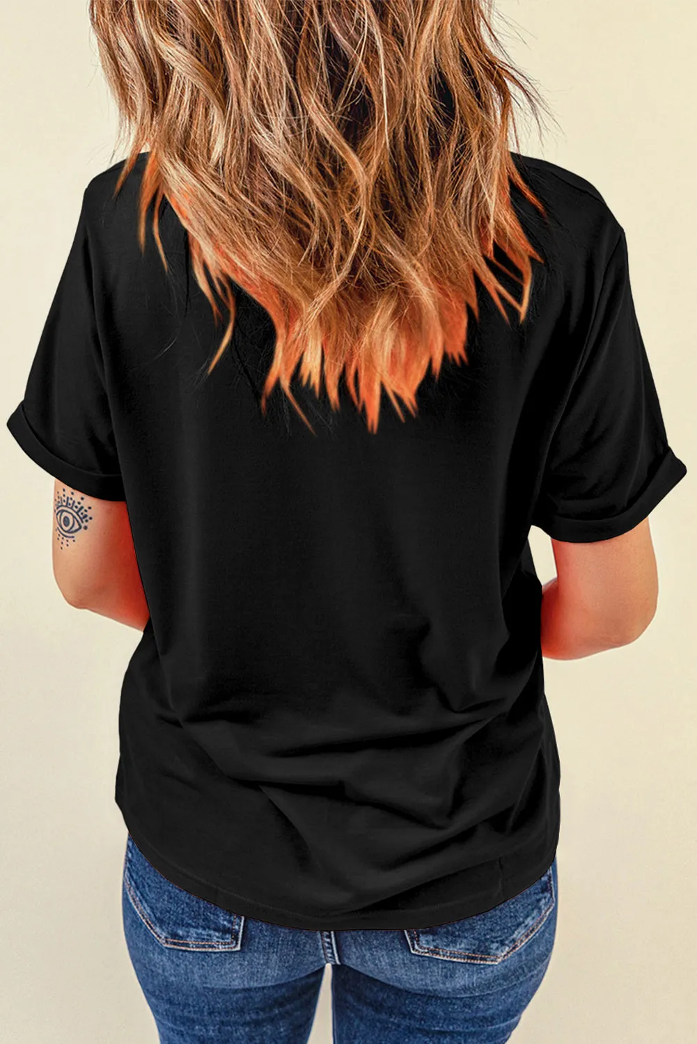 Black Rhinestone USA Flag Stripes and Stars LOVE Graphic T Shirt