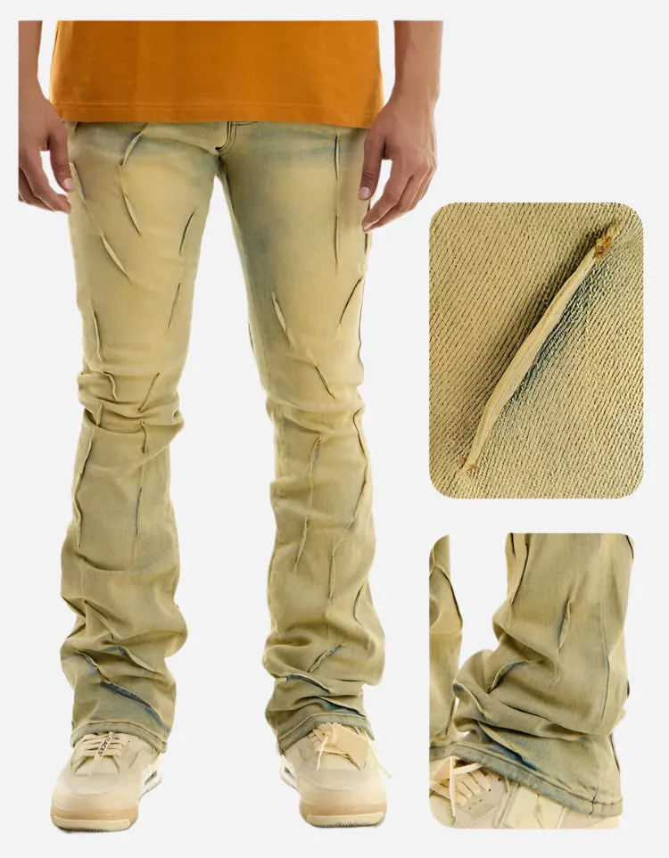 Blue Pleated Skinny Flare Jeans - Stacked Flare Fit