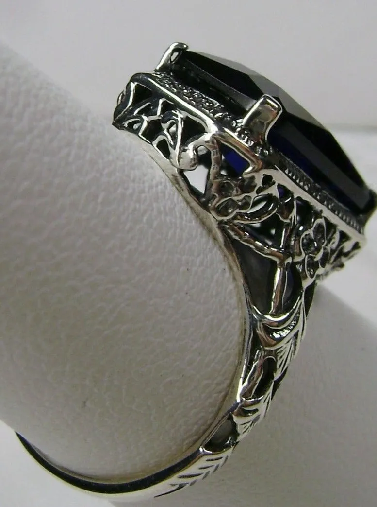 Blue Sapphire Ring, Cushion Cut Gemstone, Vintage Style Art Nouveau Jewelry, Design#D64