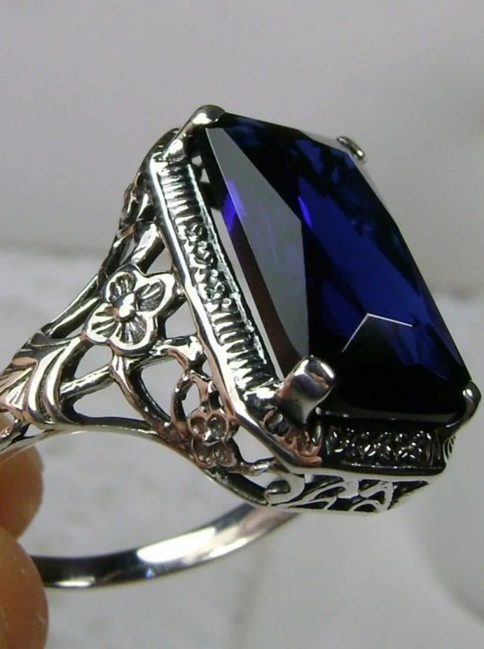 Blue Sapphire Ring, Cushion Cut Gemstone, Vintage Style Art Nouveau Jewelry, Design#D64