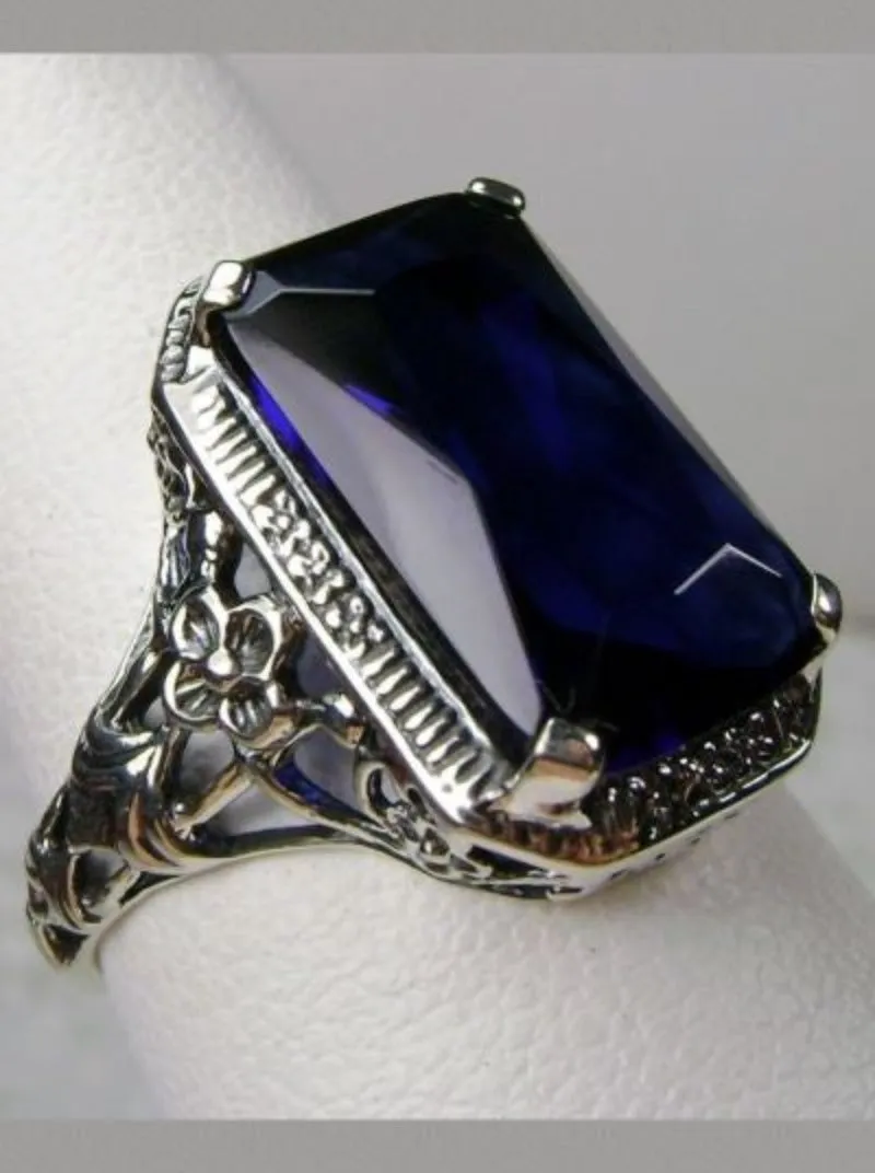 Blue Sapphire Ring, Cushion Cut Gemstone, Vintage Style Art Nouveau Jewelry, Design#D64