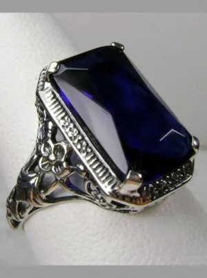 Blue Sapphire Ring, Cushion Cut Gemstone, Vintage Style Art Nouveau Jewelry, Design#D64