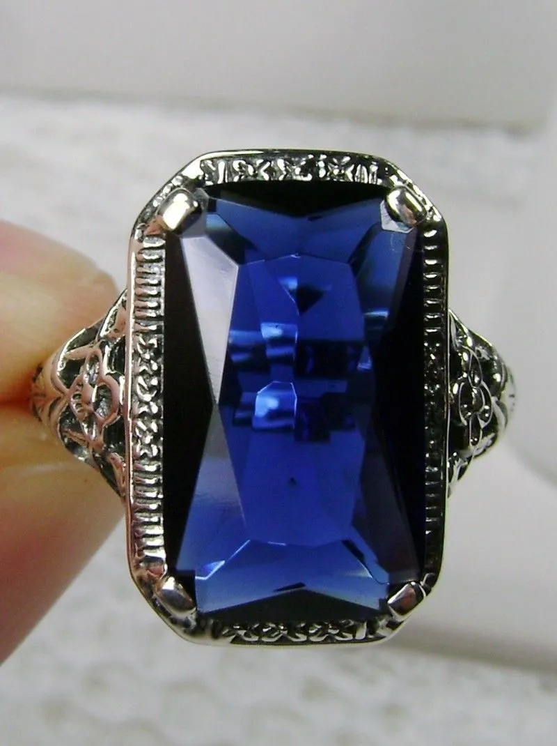 Blue Sapphire Ring, Cushion Cut Gemstone, Vintage Style Art Nouveau Jewelry, Design#D64
