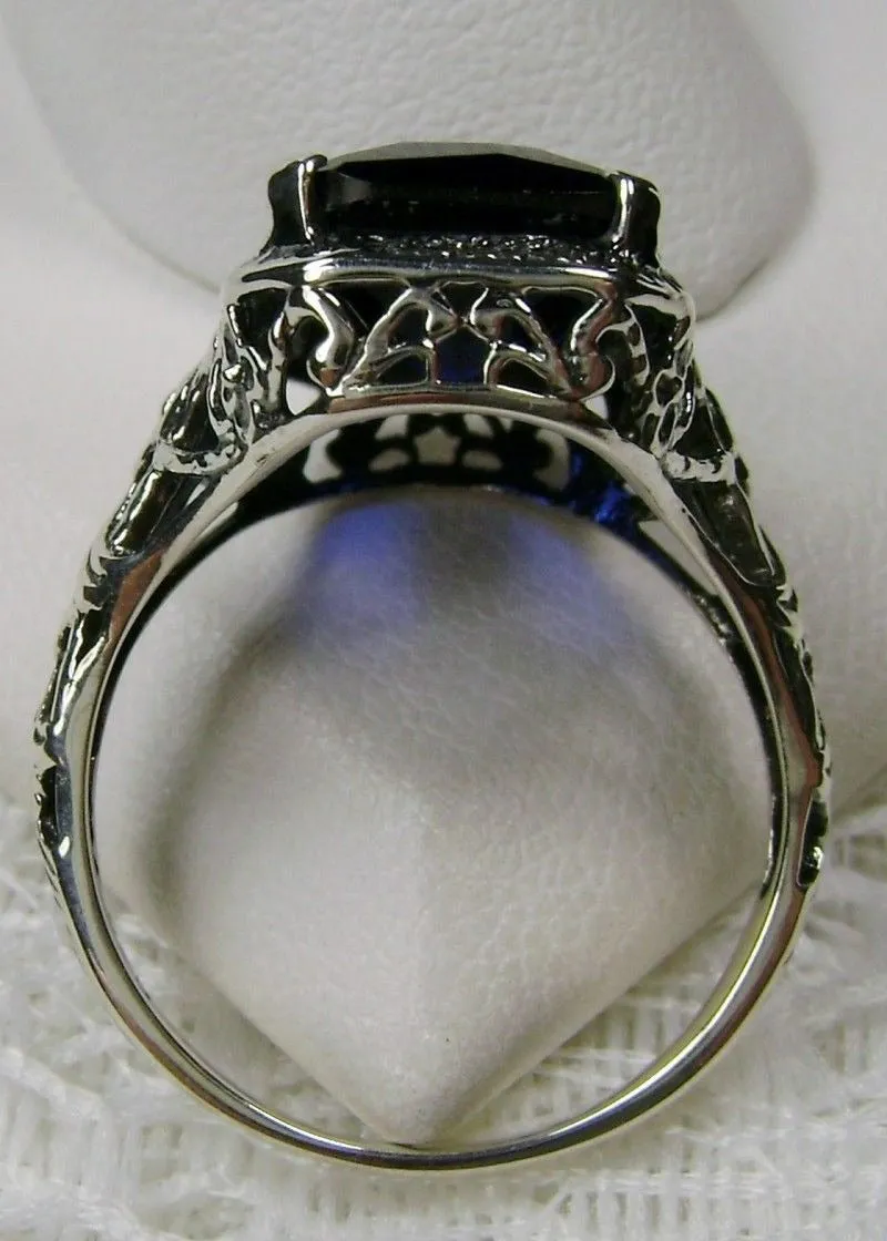 Blue Sapphire Ring, Cushion Cut Gemstone, Vintage Style Art Nouveau Jewelry, Design#D64